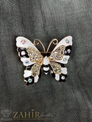   Красива брошка и висулка за колие пеперуда черно-бяла с  кристали, размери 4 на 3,5 см, златиста основа - B1267